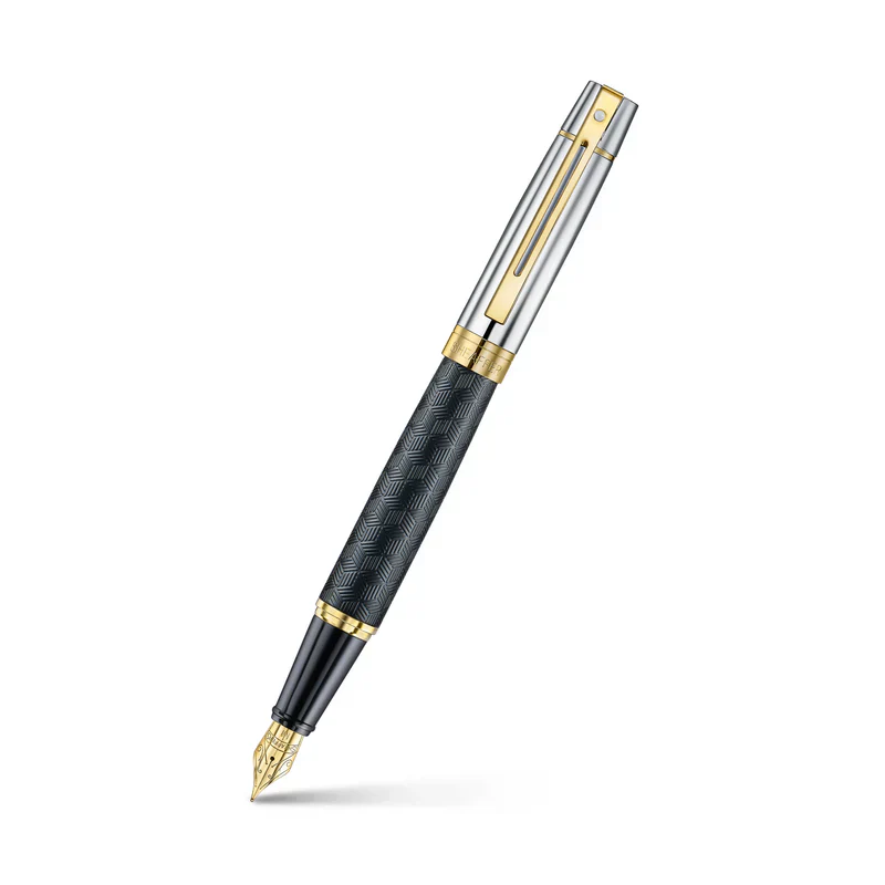 Sheaffer - 300 Engraved Matt Black Barrel And Shiny Chrome Cap. PVD Gold Trims Medium Fountain Pen